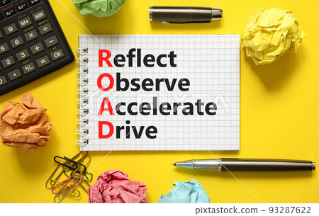 ROAD reflect observe accelerate drive symbol. Concept words ROAD reflect observe accelerate drive on white note, yellow background. Business ROAD reflect observe accelerate drive concept. Copy space. ROAD reflect observe accelerate drive symbol. Concept words ROAD reflect observe accelerate drive on white note, yellow background. Business ROAD reflect observe accelerate drive concept. Copy space. 93287622