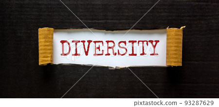 Diversity and inclusion symbol. The word 'Diversity' appearing behind torn black paper. Beautiful black background. Business, inclusion and diversity concept. Copy space. Diversity and inclusion symbol. The word 'Diversity' appearing behind torn black paper. Beautiful black background. Business, inclusion and diversity concept. Copy space. 93287629