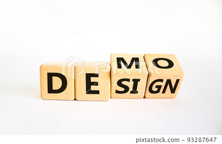 Demo and design symbol. Turned cubes and changed the word 'design' to 'demo'. Beautiful white background. Business demo and design concept. Copy space. 93287647