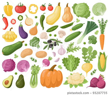 Cartoon vegetable, celery, zucchini, onion, carrot and cauliflower. Fresh organic vegetable, vegetarian food cabbage and cucumber. Vegetables vector isolated symbols set 93287735