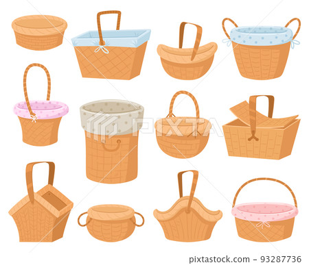 Wicker baskets cartoon hamper box, braided picnic handle basket. Braided wooden picnic empty baskets. Food storage hampers vector isolated symbols set 93287736