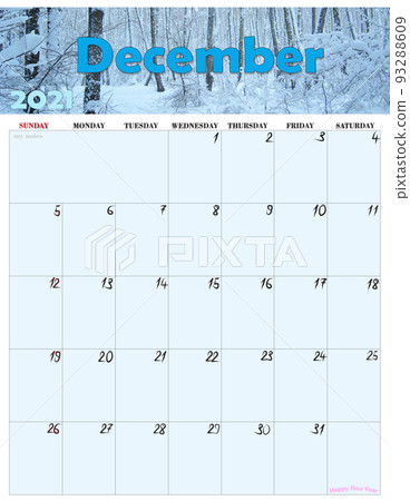 calendar for December 2021 with photo of winter forest. Home planner 93288609