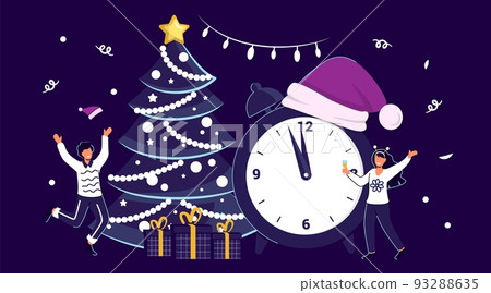 Five minutes before New Years or Christmas Flat tiny family vector illustration Holidays schedule Christmas or New Year Five minutes before New Years or Christmas Flat tiny family vector illustration Holidays schedule Christmas or New Year 93288635