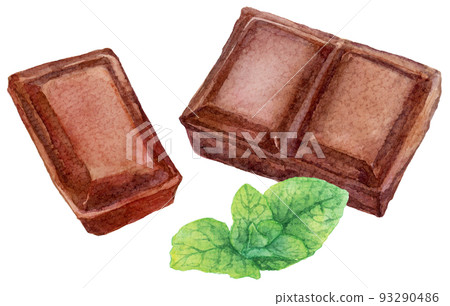 Watercolor chocolate bar with pieces and mint 93290486