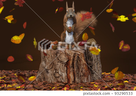 一隻松鼠坐在樹樁上，秋天吃著枯葉的橡子 93290533