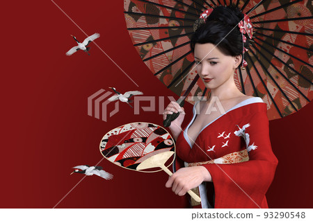 A bewitching woman wearing a red kimono with a crane pattern, holding an umbrella and a fan A bewitching woman wearing a red kimono with a crane pattern, holding an umbrella and a fan 93290548