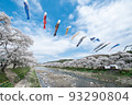 Cherry blossom tree-lined road and carp streamers in full bloom on the Natsui River in Fukushima Prefecture 93290804