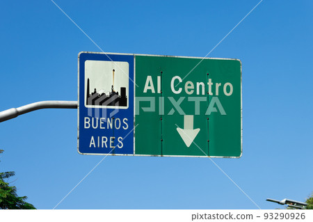 Buenos Aires downtown sign against a clear blue sky. 93290926