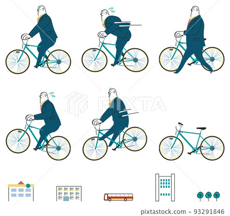 Business person riding a bicycle and running in the business district set illustration material 93291846