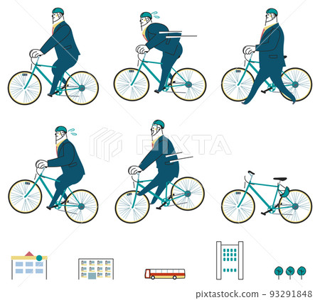 Business person riding a bicycle and running in the business district set illustration material 93291848