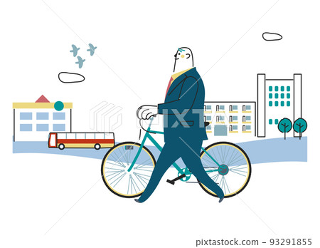 商務人士推著自行車走在商業區插畫素材 商務人士推著自行車走在商業區插畫素材 93291855
