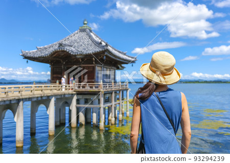 Ukimido and woman Shiga Japan Ukimido and woman Shiga Japan 93294239
