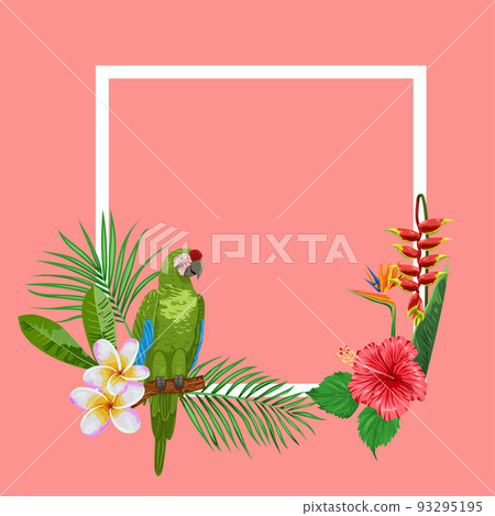 Frame with colorful parrot and tropical plans illustration 93295195