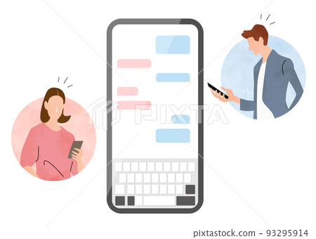 Vector illustration material: men and women who exchange messages on smartphones 93295914