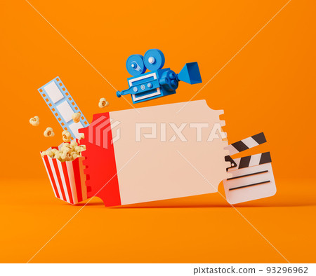 3d rendering concept movie and entertainment illustration. Blank clapperboard with popcorn, filmstrip, cinema ticket and movie camera. 93296962