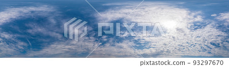 Blue sky panorama with Cumulus clouds. Seamless hdr 360 degree pano in spherical equirectangular format. Complete zenith for 3D visualization, game and sky replacement for aerial drone 360 panoramas. Blue sky panorama with Cumulus clouds. Seamless hdr 360 degree pano in spherical equirectangular format. Complete zenith for 3D visualization, game and sky replacement for aerial drone 360 panoramas. 93297670