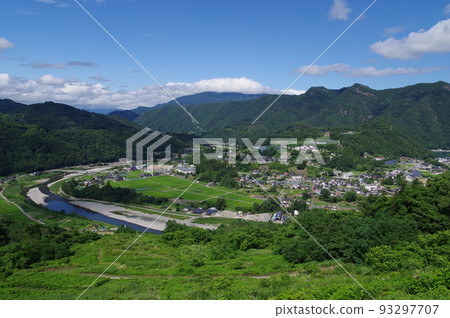 Shinshu, Azumino, Ikusaka Village, A distant view from Sky Sports Park, overlooking the opposite bank of the Sai River Shinshu, Azumino, Ikusaka Village, A distant view from Sky Sports Park, overlooking the opposite bank of the Sai River 93297707
