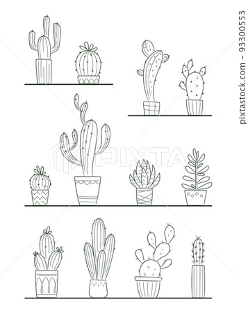 Cactus and succulents vector set. Outline cactus in a pot logo icon. Template for decorating designs and illustrations. Cactus and succulents vector set. Outline cactus in a pot logo icon. Template for decorating designs and illustrations. 93300553