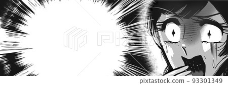 70's cartoon girl face black and white wide size illustration of a frightened woman with pale white eyes 93301349
