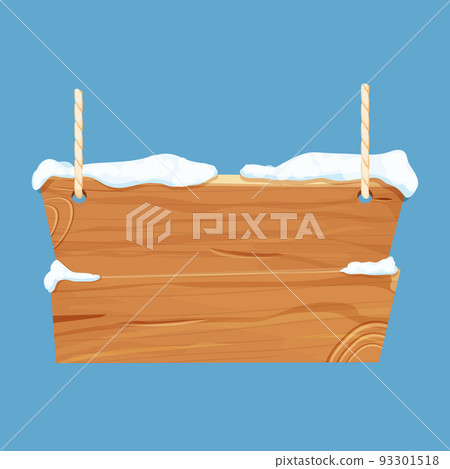 Old winter wooden blank, signboard with snow, rope in cartoon style.Empty frame, direction plank isolated on white background. Season decoration Old winter wooden blank, signboard with snow, rope in cartoon style.Empty frame, direction plank isolated on white background. Season decoration 93301518