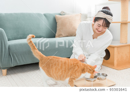 A woman putting cat food into a feeding plate A woman putting cat food into a feeding plate 93301641