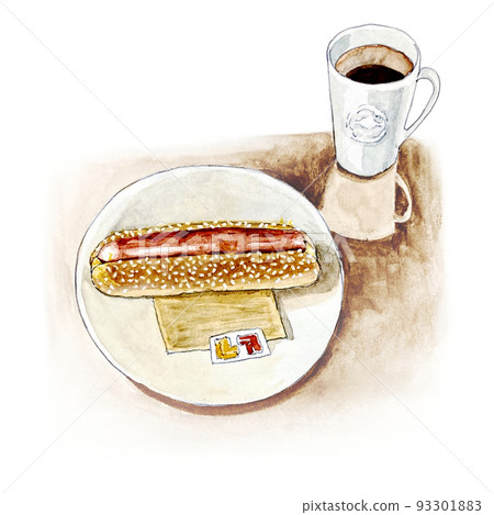 Watercolor: hot dog coffee light meal Watercolor: hot dog coffee light meal 93301883