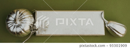 Autumn flat lay web banner with silver decorated pumpkins and frame for text, green background 93301909