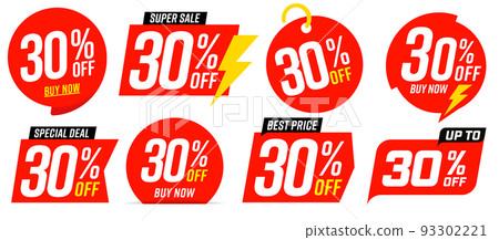 30 percent off best sale red tag template. Best price, super sale, special deal promotion badge. Different design for 30 percent off clearance red sale product tag vector illustration 93302221