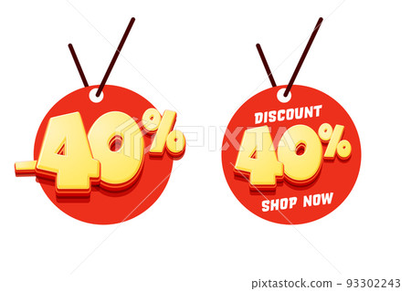 Red sale tag template set. 40 percent off discount promotion. Shop store clearance advertisement. Sale tag vector illustration cartoon style design isolated on white background 93302243