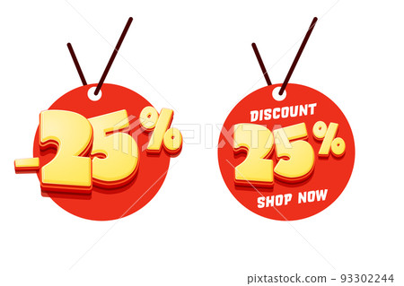 Red sale tag template set. 25 percent off discount promotion cartoon style. Store clearance advertisement. Sale tag vector illustration design isolated on white background 93302244