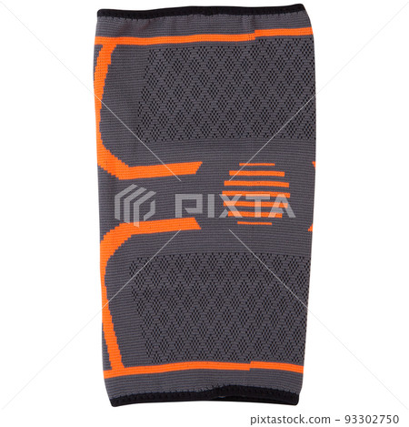 sports gray knee pad with orange stripes, to support the knee joint, with a massage effect, isolate 93302750