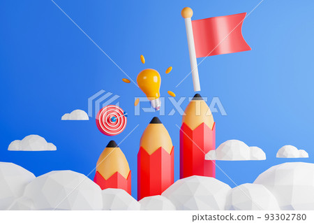 3d rendering concept business thinking and goal illustration. Target, light bulb and red flag above tip of three pencils. 3d rendering concept business thinking and goal illustration. Target, light bulb and red flag above tip of three pencils. 93302780