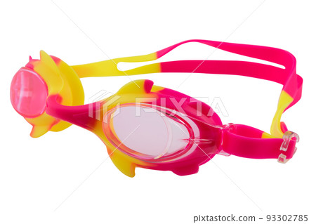 children's bright multi-colored glasses for swimming, with an interesting design, on a white background 93302785