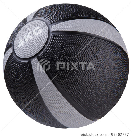 Black medicine ball weighing four kilograms, with gray stripes, for exercise therapy and fitness, isolate 93302787