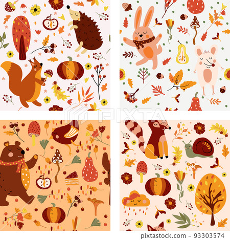 Autumn seamless pattern with cute wodland animals and elements autumn, cute squirrel, hedgehog, funny bear, mouse, colored trees, autumn leaves, mushrooms. Vector illustration 93303574