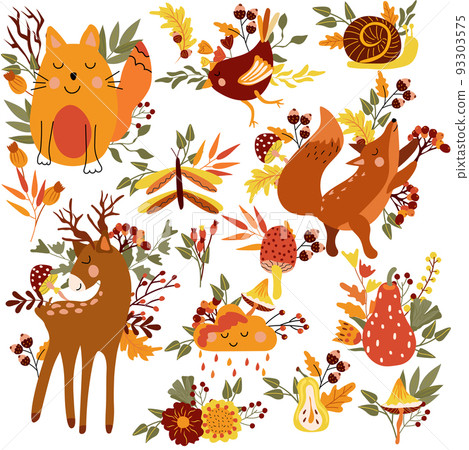 Cute forest animals and autumn elements, cunning fox, funny cat, bird, baby deer, colorful leaves, flowers, mushrooms.Perfect for web, harvest festival, banner, card and Thanksgiving. Cute forest animals and autumn elements, cunning fox, funny cat, bird, baby deer, colorful leaves, flowers, mushrooms.Perfect for web, harvest festival, banner, card and Thanksgiving. 93303575
