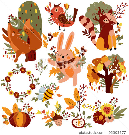 Autumn set, cute forest animals and autumn elements, cunning fox, dancing rabbit, funny raccoon, colorful trees, leaves, flowers. Perfect for web, harvest festival, banner, card and Thanksgiving 93303577
