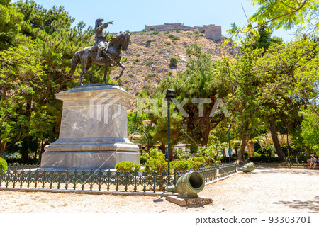 Greece, Nafplion, Statue of General Kolokotronis with Fort Palamidi 93303701