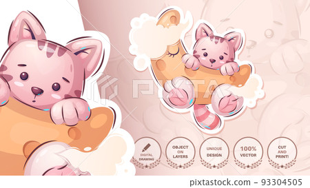 Funny cat in the moon - cute sticker 93304505