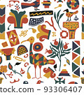 Modern folklore seamless pattern. Hand drawn abstract contemporary illustration with birds, columns, flowers. Vector 93306407