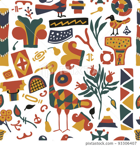 Modern folklore seamless pattern. Hand drawn abstract contemporary illustration with birds, columns, flowers. Vector Modern folklore seamless pattern. Hand drawn abstract contemporary illustration with birds, columns, flowers. Vector 93306407