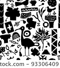 Modern folklore black seamless pattern. Hand drawn abstract contemporary illustration with birds, flowers. Vector 93306409