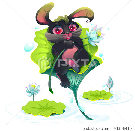 Black hare symbol 2023 year lie leaf lotus. Cute funny rabbit Black hare symbol 2023 year lie leaf lotus. Cute funny rabbit 93306410