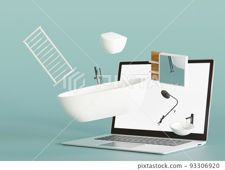 Laptop with flying bathroom details and sanitary wares. Shopping online. Furnishings sale or bathroom interior project concept. Buy bathtub, washbasin, wc via internet. E-commerce. 3d rendering. 93306920