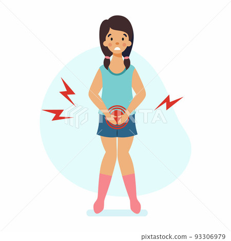 Sad girl has cystitis. Pain in  lower abdomen of child. Bladder disease. 93306979