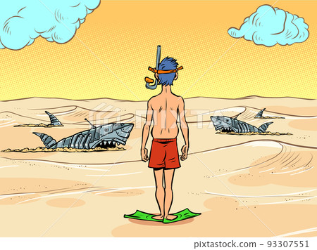 A tourist on the shore of a deserted sandy sea. Mechanical dangerous sharks swim in the sand A tourist on the shore of a deserted sandy sea. Mechanical dangerous sharks swim in the sand 93307551
