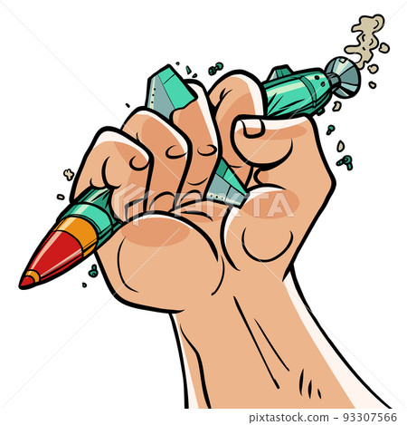 Pacifism. Protest against the rocket war. Fist squeezes military equipment. Rage against Militarism Pacifism. Protest against the rocket war. Fist squeezes military equipment. Rage against Militarism 93307566