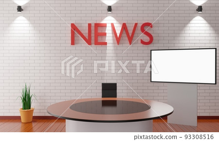 wooden table and lcd background in the news studio room.3d rendering. 93308516