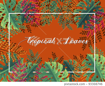 Bright orange background with tropical leaves - Stock Illustration