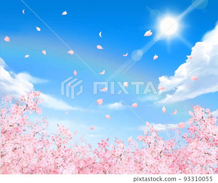 Beautiful and gorgeous cherry blossoms and petals fluttering in the refreshing blue sky of spring Cloud frame background vector material illustration 93310055